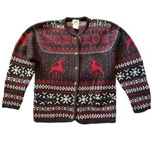 Liz Baker Fair Isle Holiday Reindeer Snowflake Cardigan Acrylic Sweater Womens S